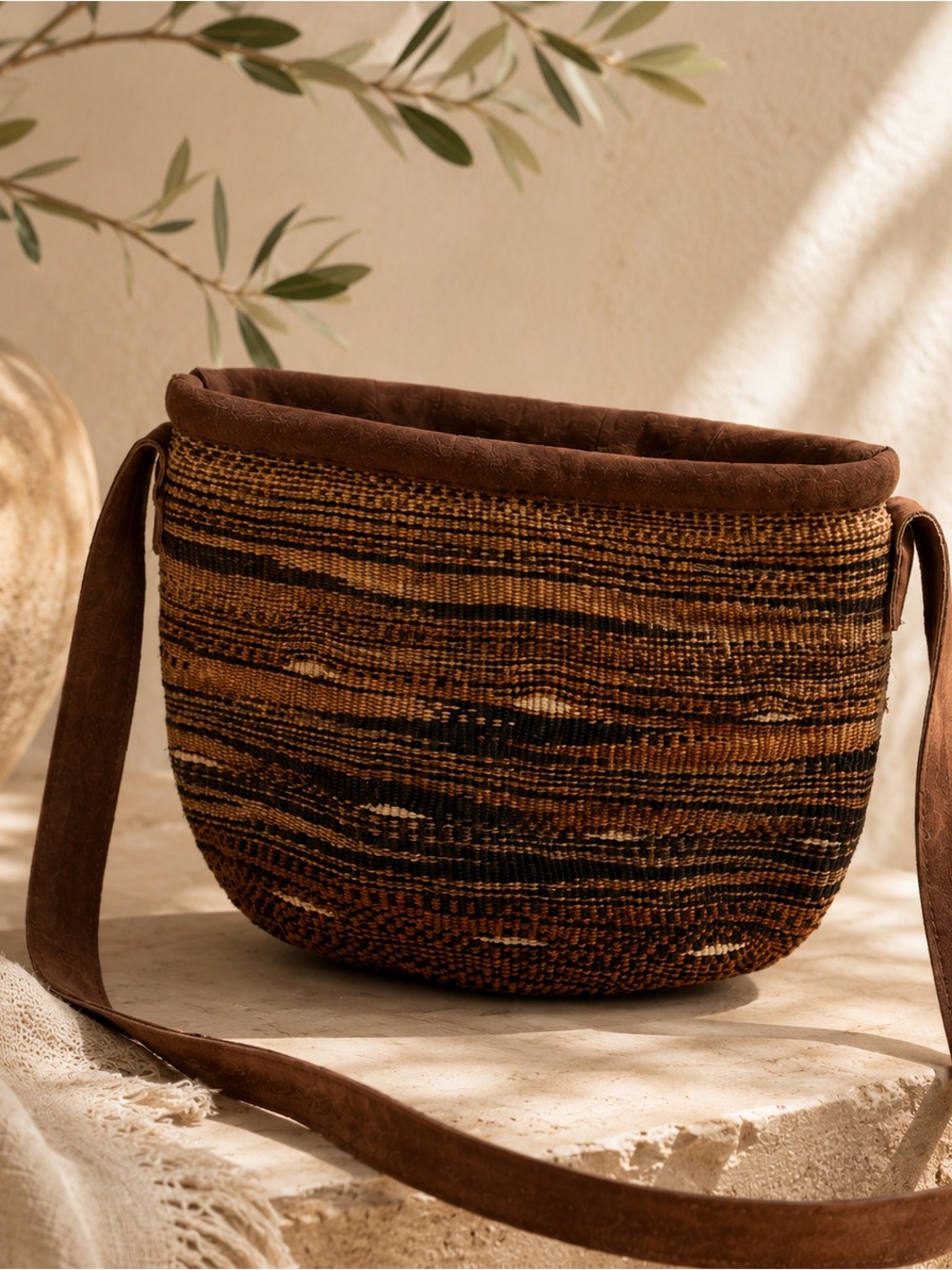 Artisan Handwoven Sisal & Suede Leather Crossbody Bag